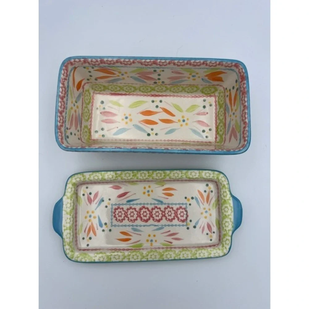 Temp-tations Old World Ceramic Loaf Pan and Tray Set Floral Teal 1QT